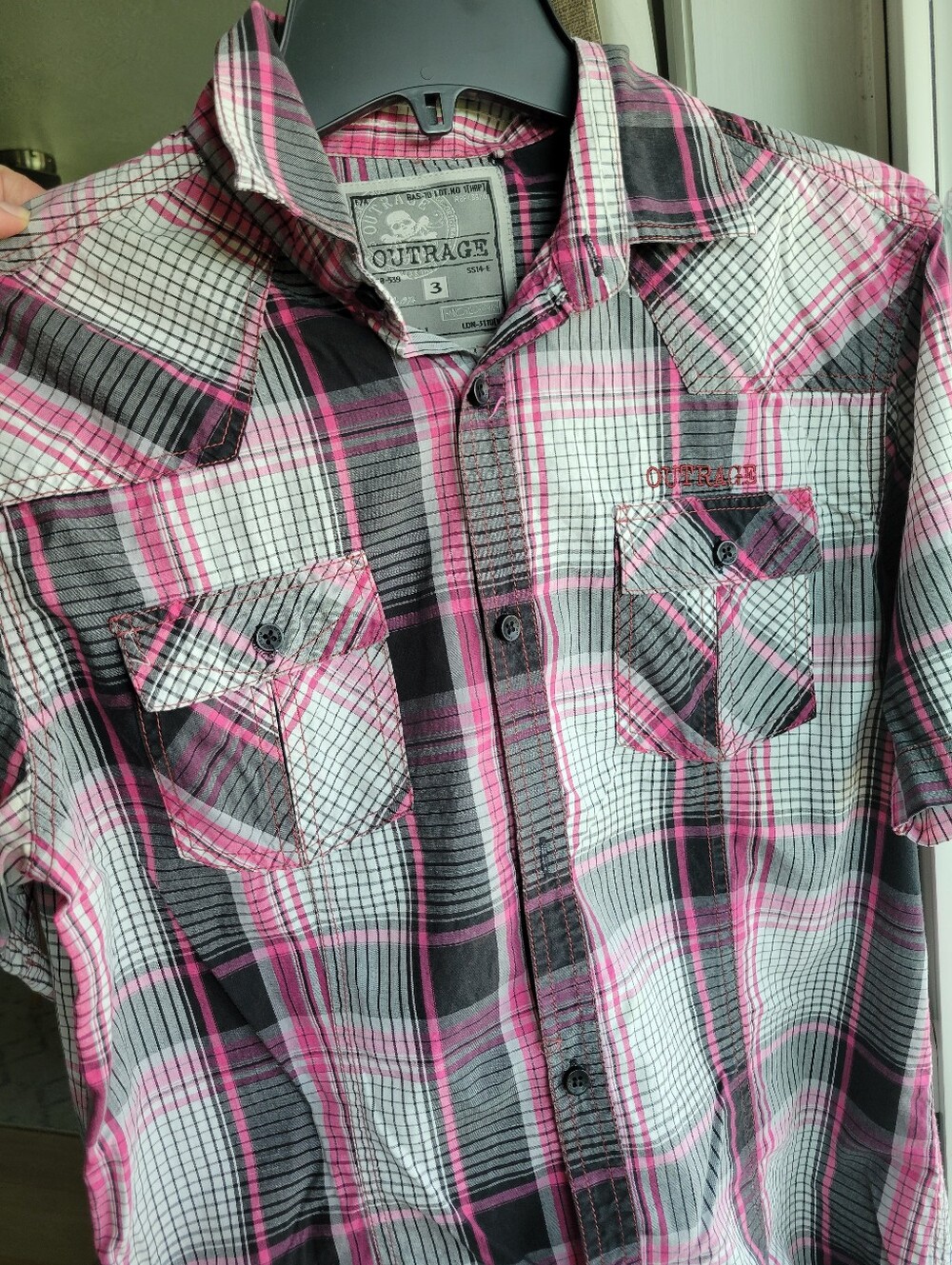 Outrage Pink Black Plaid Shirt Junior Sz 3 Y2K Western Grunge Cotton Button Up